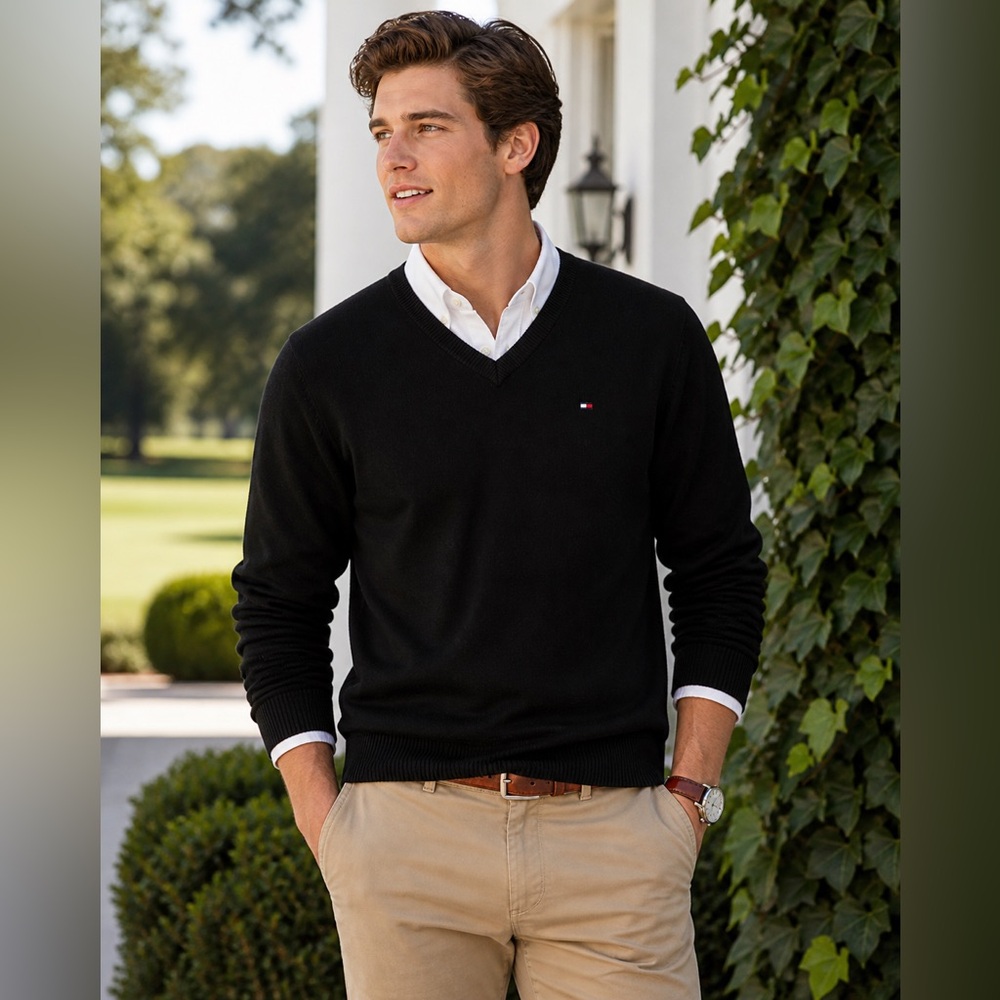 Tommy Hilfiger Mens Medium Black V Neck Sweater 100% Cotton